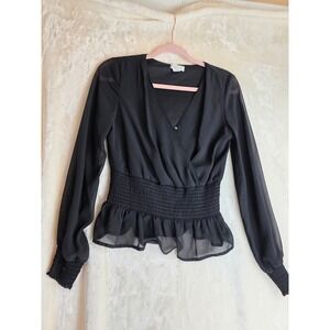 Jopaa Black Sheer Long Sleeve Smocked Waist Ruffle Hem Wrap Blouse Top M